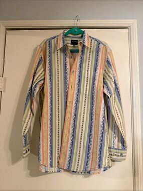 Men's Striped Button-Down Shirt in Blue, White & Green